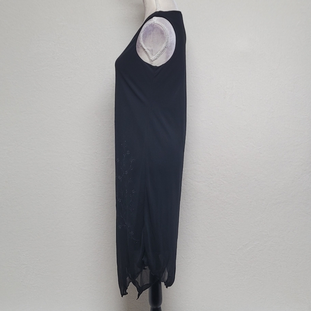 Vintage 90s AGB Black Semi-sheer Metallic Floral Handkerchief Hem Midi Dress 8 - Picture 7 of 13